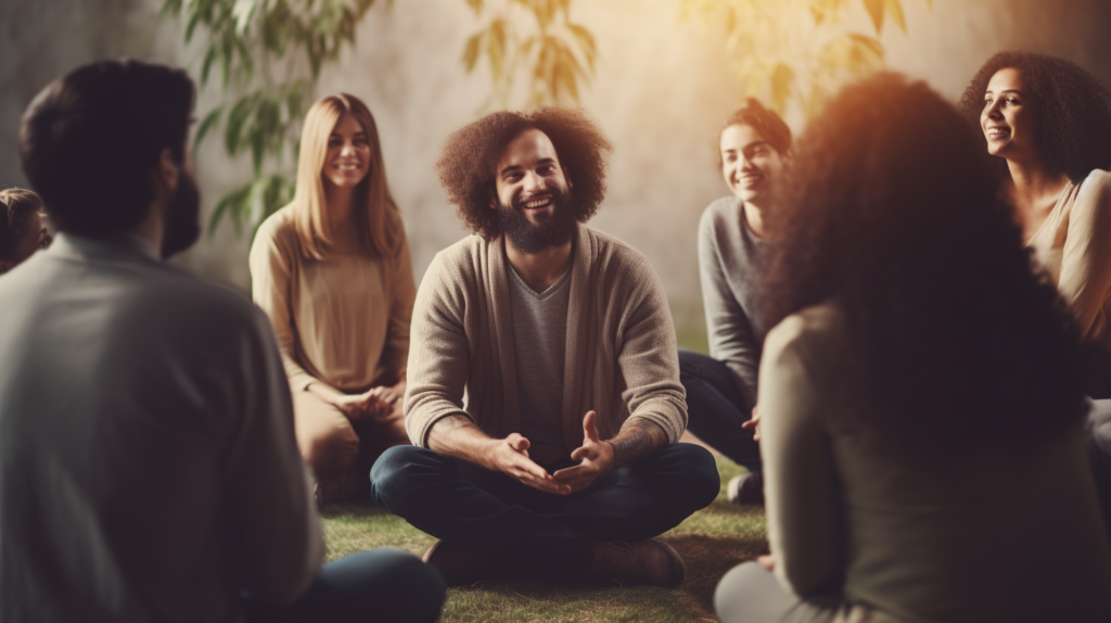 A person speaking happily in a group therapy circle