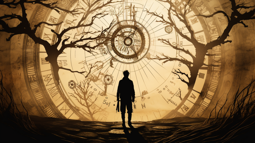 a human silhouette, standing at a crossroads with background of tree, compass, and gears