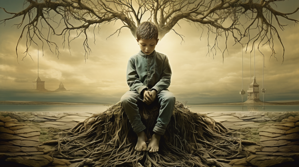 a child sitting on a withered tree representing childhood trauma
