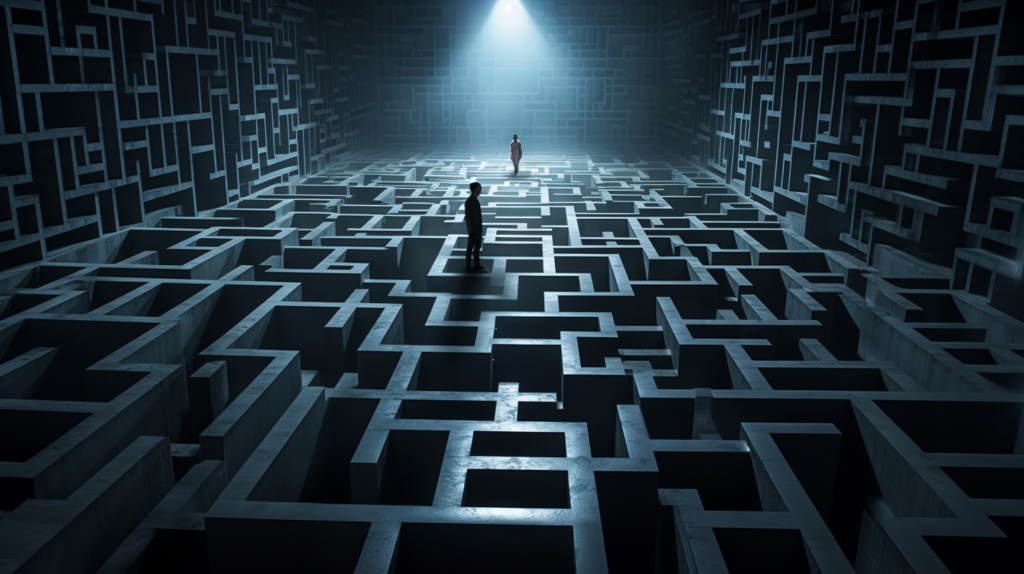 a person in a maze dark room and other person in a spotlight representing the adjustment disorder goals and objectives