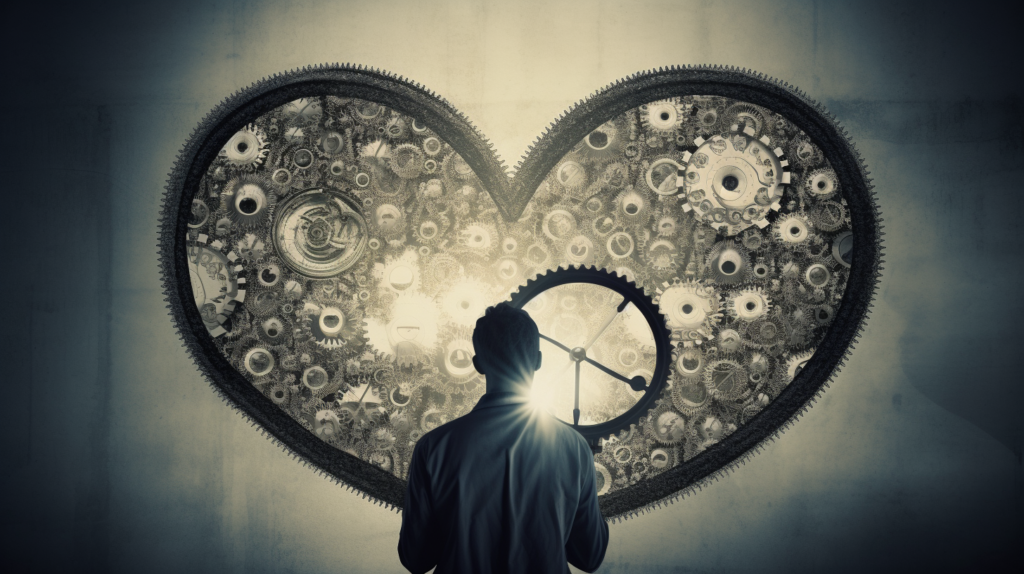 a heart with gears inside and a human silhouette looking into it