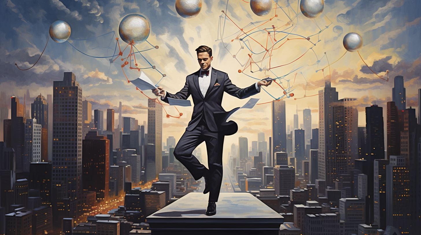 A juggler skillfully maintaining balance on a tightrope while balancing multiple Work Icons.