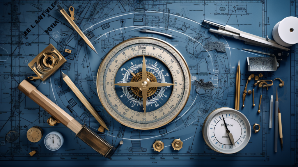 a blueprint with tools like a compass, ruler, and pencils