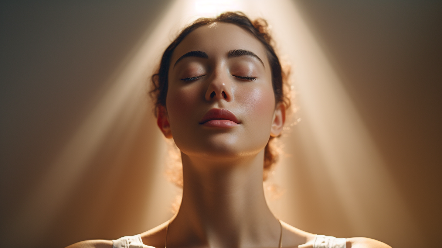 a woman closing her eye, performing facial yoga