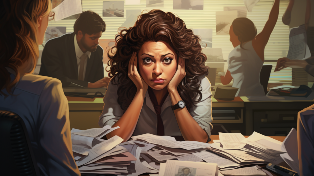 Office scene with a visibly stressed coworker surrounded by piles of paperwork.
