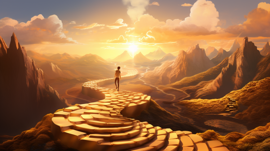 a person climbing a winding road on a mountain, with stepping stones, leading towards a shining golden sun.