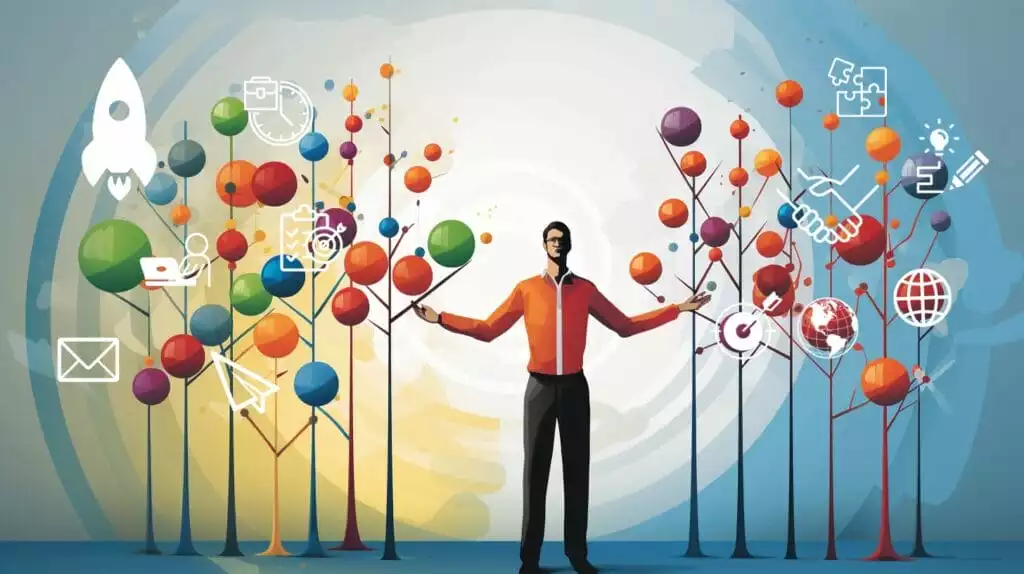 A person juggling office icons, with a growth plant on the background
