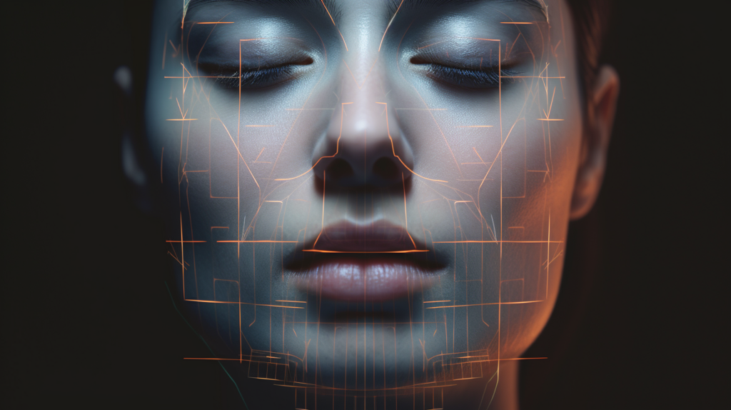 a close-up image of a woman's face with overlaid translucent graphics indicating key muscle groups involved in facial tension