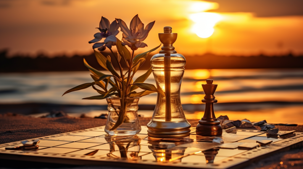 Image of a sandglass, a thriving plant, and a chessboard, 