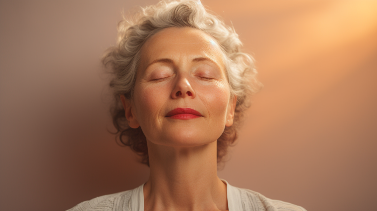 a woman in her mid-adult years, eyes closed, performing facial yoga