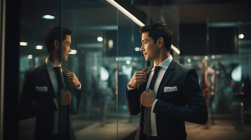 A guy looking at his reflection wearing a tuxedo.