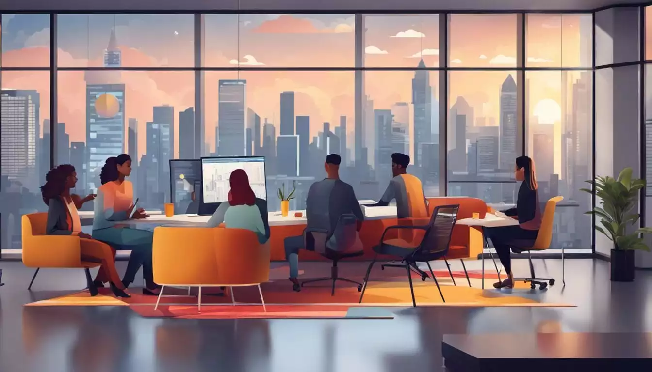 Employees brainstorm in a modern office with city view, sharing animated ideas.