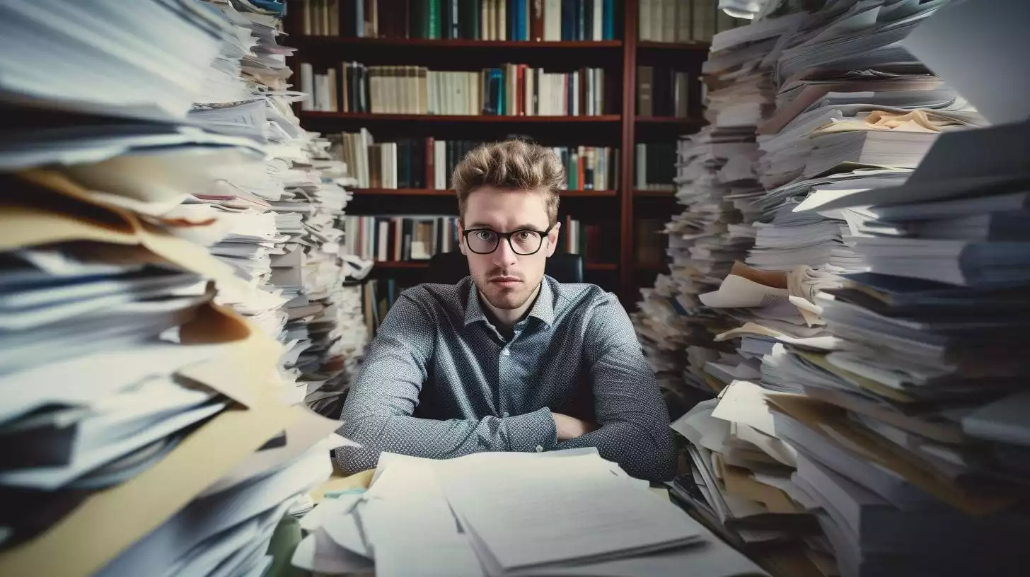A guy sitting in a table with many pile of paper.