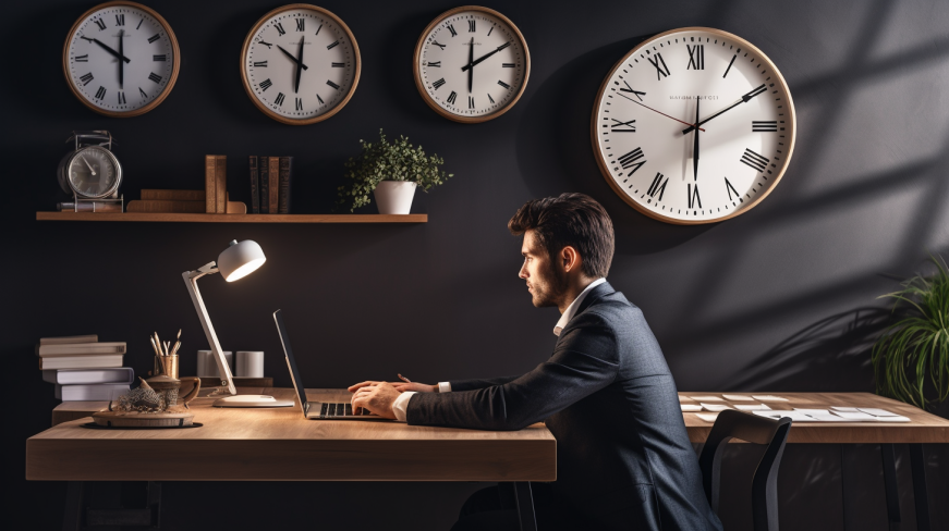 A guy on sitting his organized office with a clock on the table.