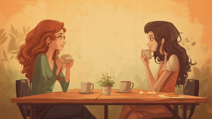Two people talking at the cafe.