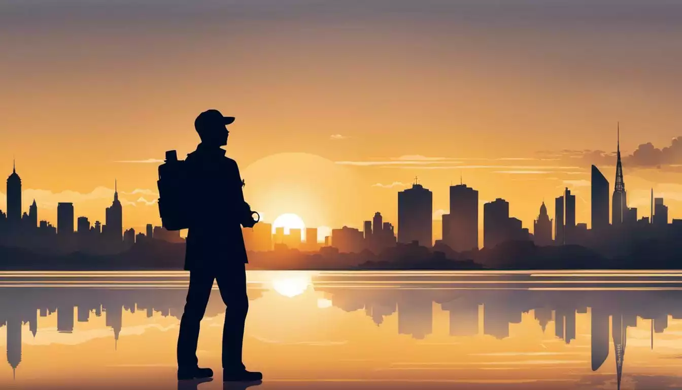 Confident change agent overlooking sunrise with cityscape, showcasing determination.