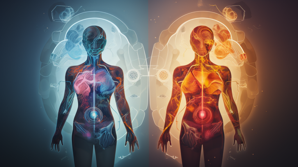 split image of a figure that represents the distinct traits and responding strategies of Generator and Manifesting Generator types in the Human Design system