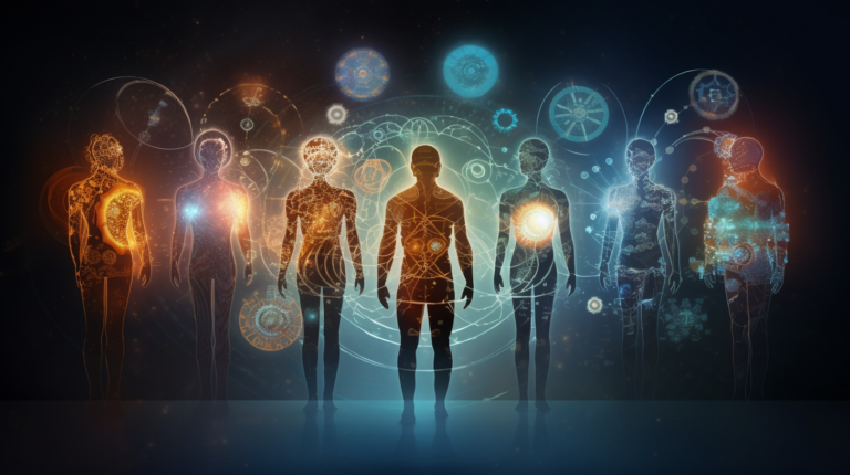 An abstract image of diverse human silhouettes interconnected via glowing lines, with a central mechanism symbolizing human design, surrounded by icons of brain, heart, DNA, and gears