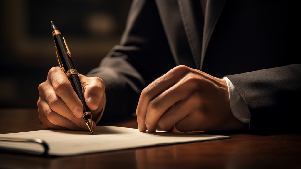 A thoughtful person holding a pen, poised to check off items