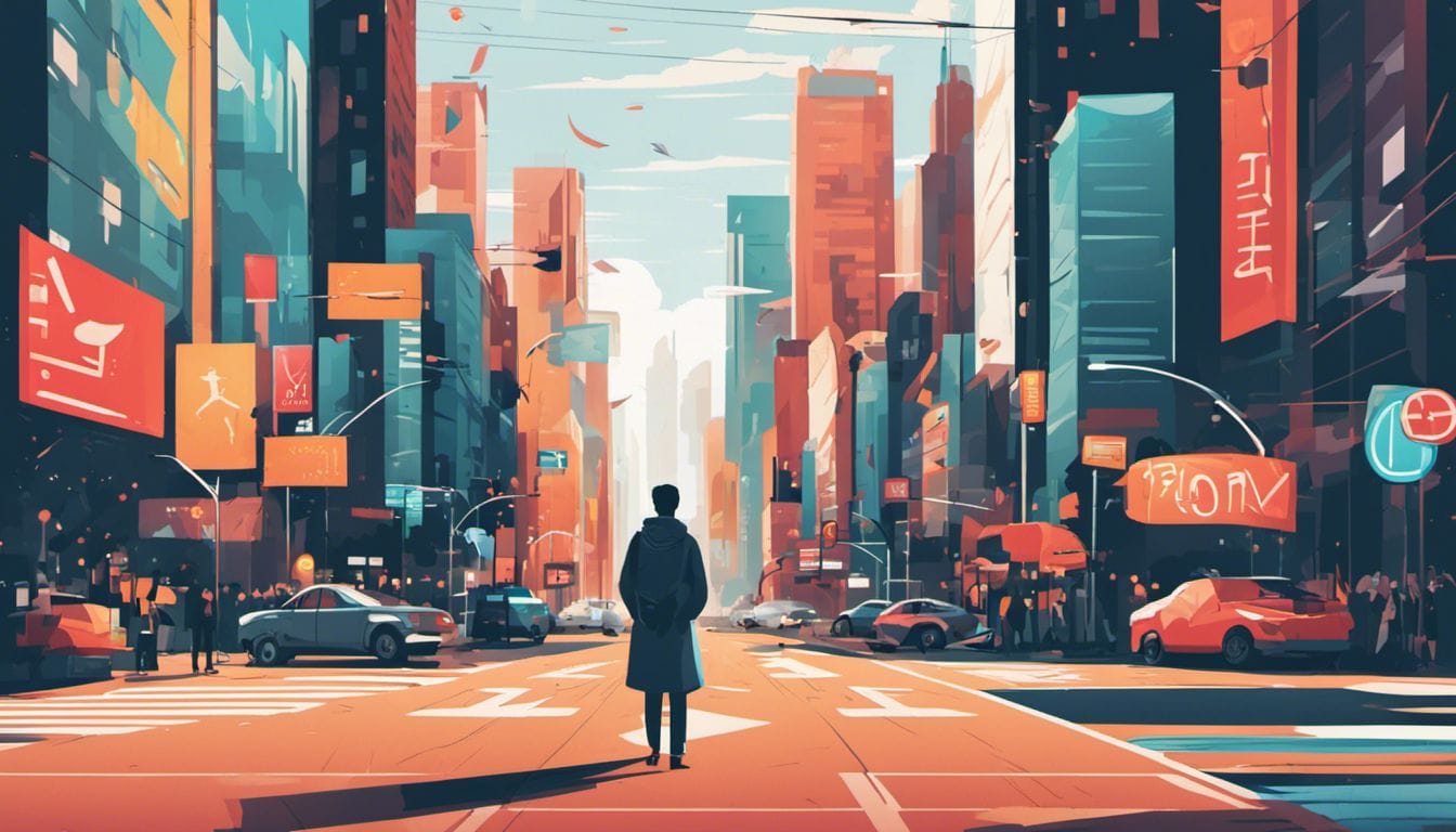 A confident person stands at a crossroads amidst a bustling city.